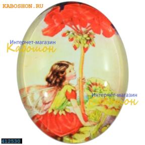 Кабошон стеклянный с принтом-наклейкой "Фея" овальный 25х18 мм