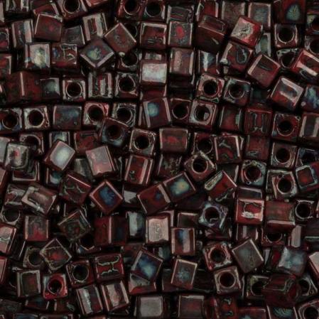 Бисер Miyuki Square Beads 4 мм Пикассо непрозрачный красный гранат